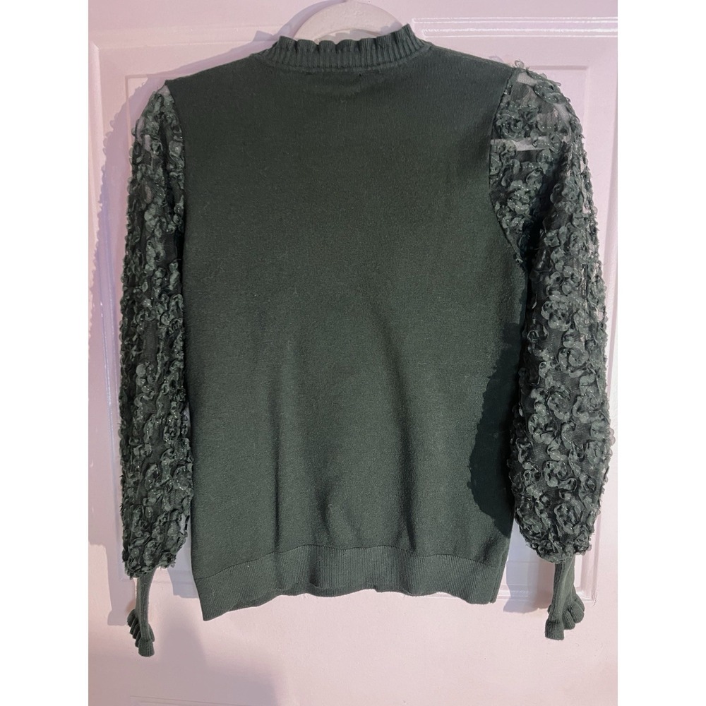 Sioni Milano Women's Green Crew Sweater Sheer Flower Embellished Sleeves Size M - Picture 2 of 6